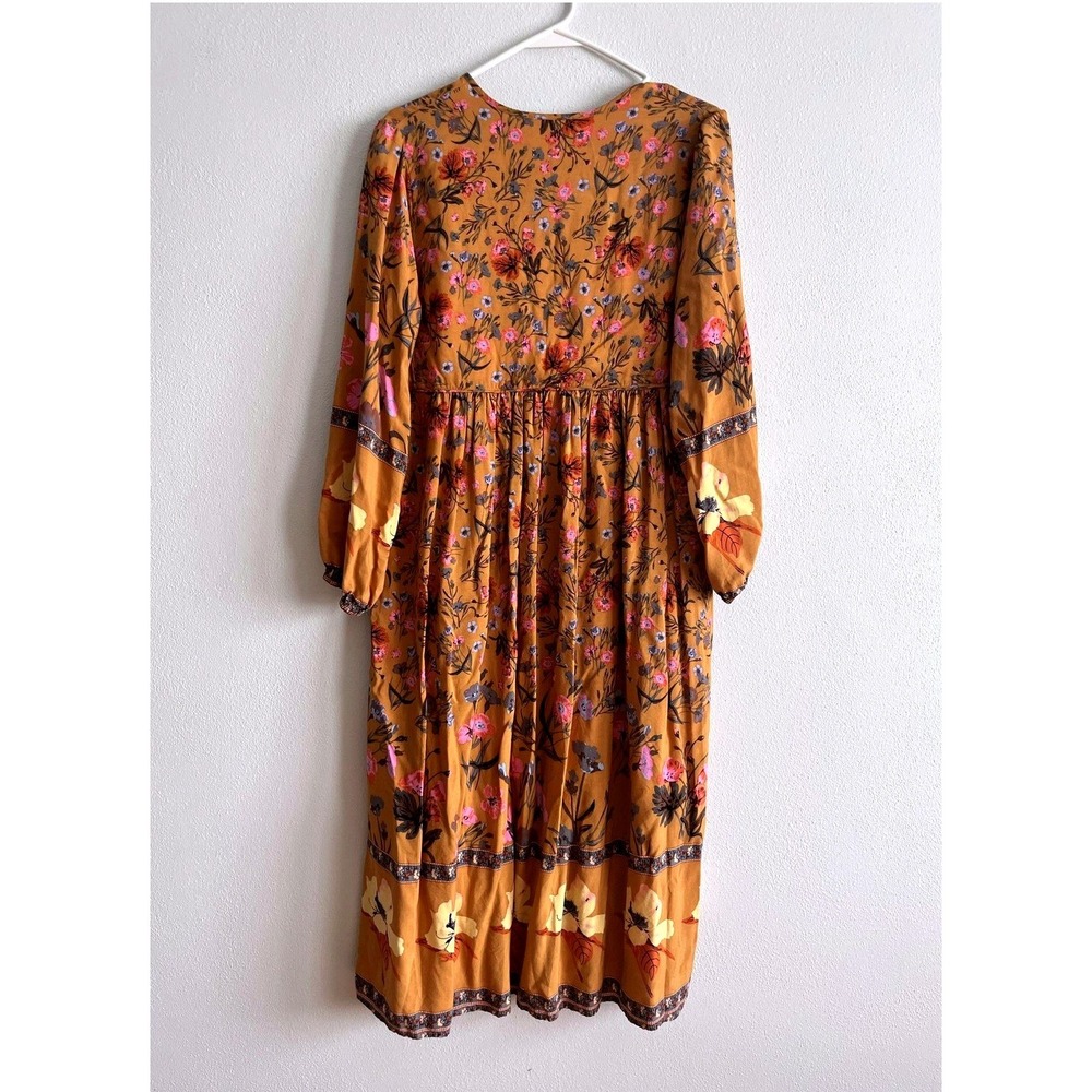 R. Vivimos Dress Womens Medium Brown Floral Boho Tassel Midi 3/4 Sleeve Peasant - Picture 5 of 6